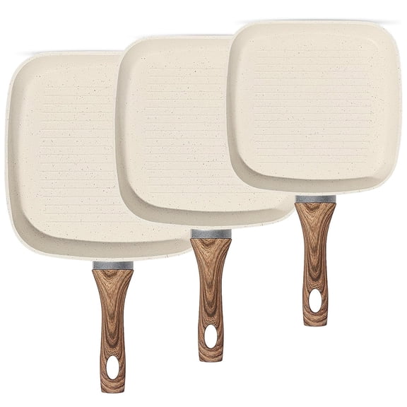 Casabay 3-Piece Nonstick Square Grill Pan Set, Ergonomic Handle Skillet Set for Daily Cooking, Compatible with Gas & Induction Stovetops, Beige