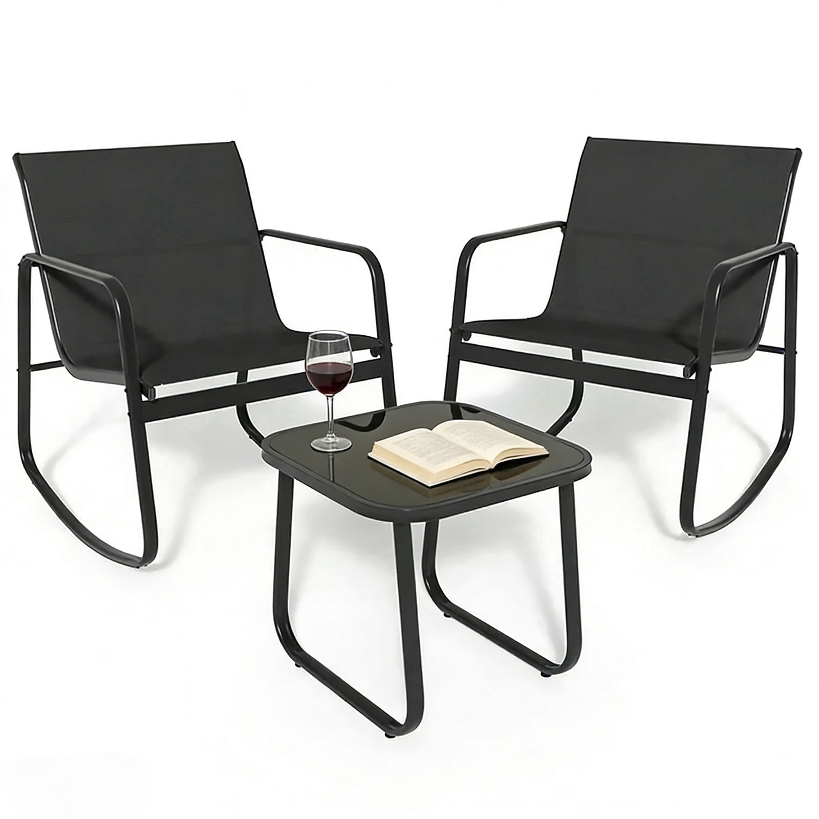 Casabay 3-Piece Outdoor Courtyard Furniture Set with Patio Chairs & Coffee Table, All Weather Outdoor Seating Breathable Fabric for Yard, Pool, Lawn, Black