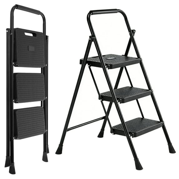 Casabay 3-Step Ladder with Anti-Slip Pedal, Foldable Step Stool with Solid Triangular Structure & 800 Lbs Sturdy Steel Ladder for Home, Kitchen, Garage, Black