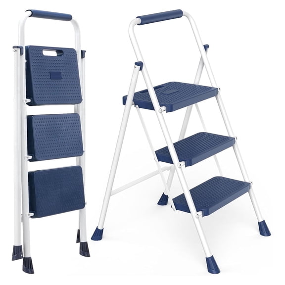 Casabay 3-Step Ladder with Anti-Slip Pedal, Foldable Step Stool with Solid Triangular Structure & 800 Lbs Sturdy Steel Ladder for Home, Kitchen, Garage, Blue