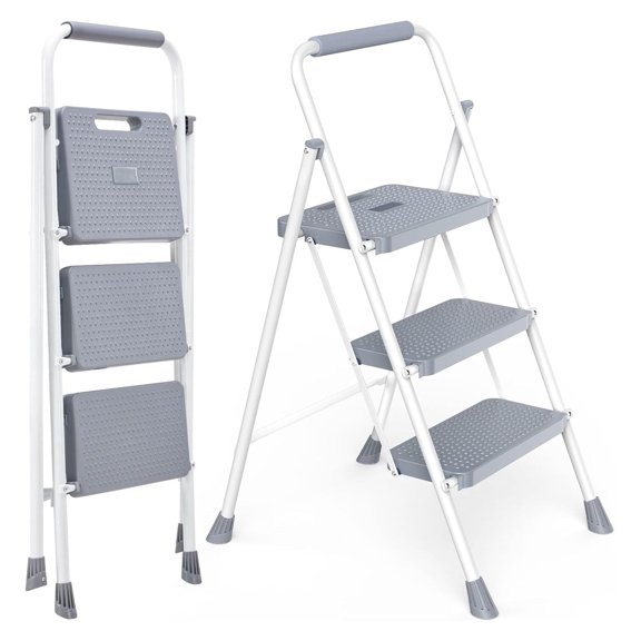 Casabay 3-Step Ladder with Anti-Slip Pedal, Foldable Step Stool with Solid Triangular Structure & 800 Lbs Sturdy Steel Ladder for Home, Kitchen, Garage, Grey