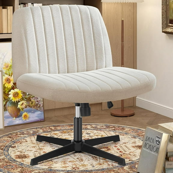 Casabay Criss Cross Legged Chair, Ergonomic Swivel Desk Chair with Wide Fabric Seat, Armless Height Adjustable Computer Chair, No Wheels Task Chair for Home Office, Study, Vanity, Beige
