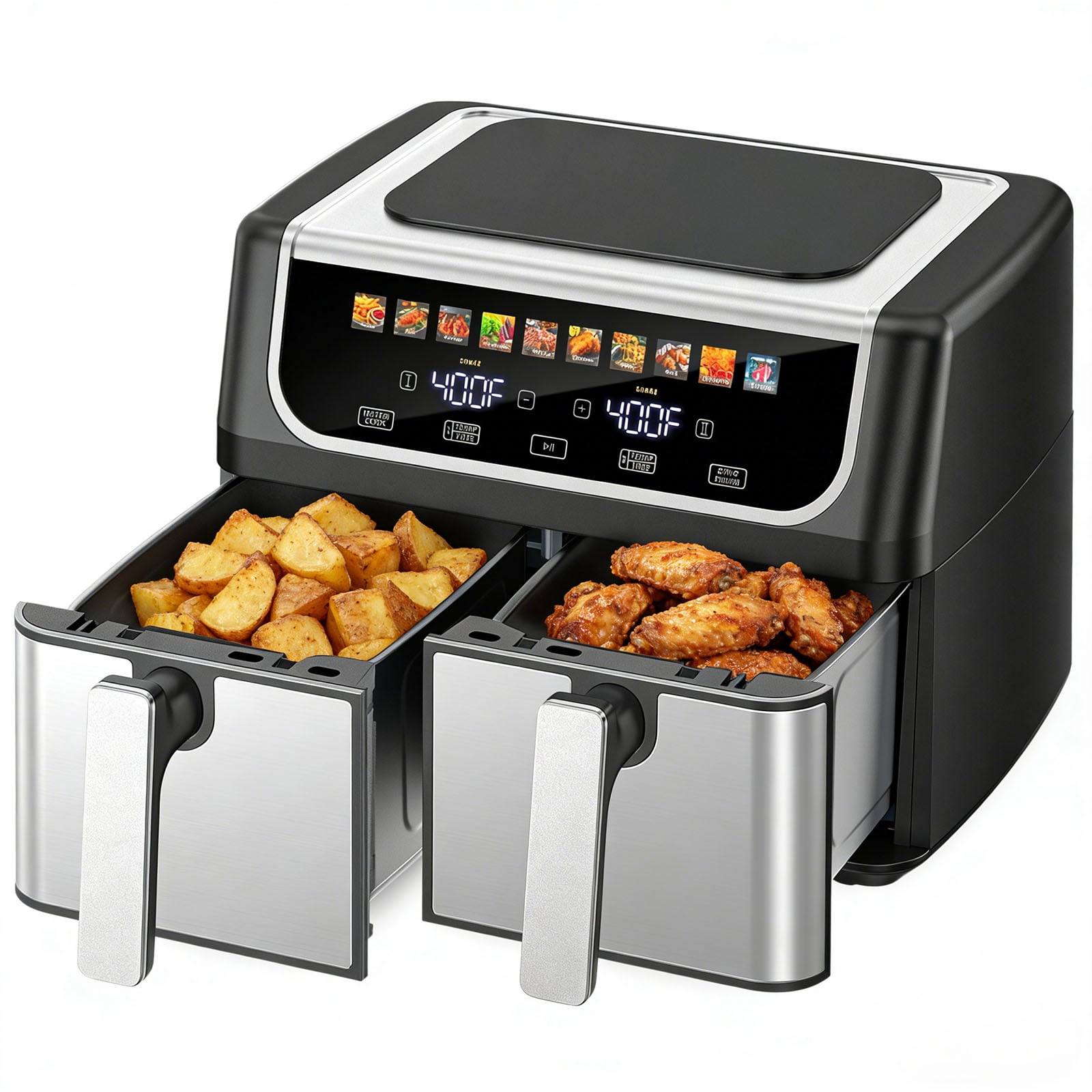 Casabay Dual Basket Air Fryer, 9.5 Qt Large Capacity Oven, 10-in-1 Functions, 1700W Touch Screen Dual Zone Temperature Control & Timer for Baking, Roasting, Reheating, Black