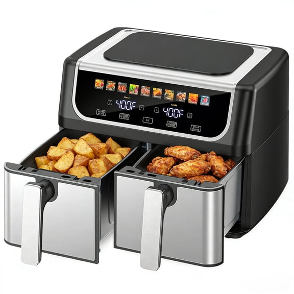 Casabay Dual Basket Air Fryer, 9.5 Qt Large Capacity Oven, 10-in-1 Functions, 1700W Touch Screen Dual Zone Temperature Control & Timer for Baking, Roasting, Reheating, Black