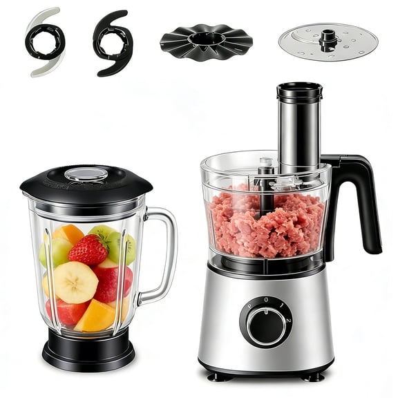 Casabay Food Processor & Blender Combo 6-Cup Large-Capacity Glass Bowl with 2-Speed Plus Pulse Control for Slicing, Dough-cutting, Whisking, Shredding