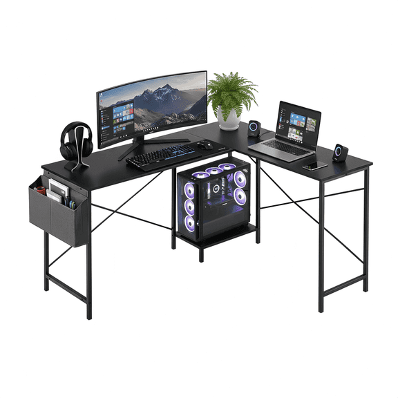 Casabay L Shaped Desk Compact Office Computer Desk with Sturdy Metal Frame, Smart Storage, Waterproof Surface for Study Use, Black
