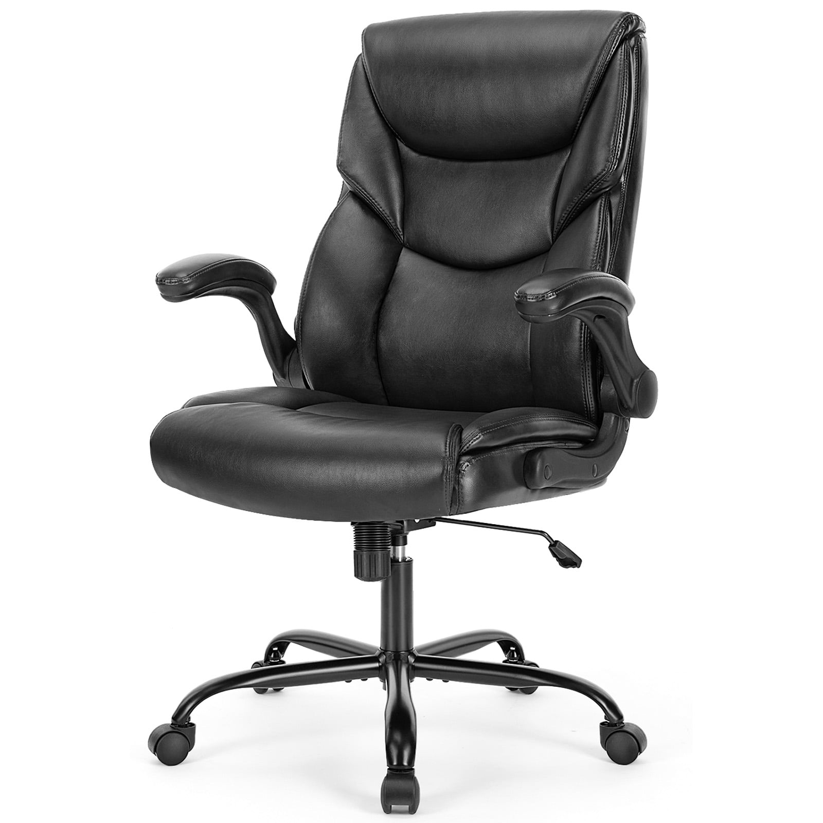 Casabay Leather Home Office Chair, Ergonomic Computer Desk Chair with Wheels and Flip-up Armrest, 300 LBS Weight Capacity, Black