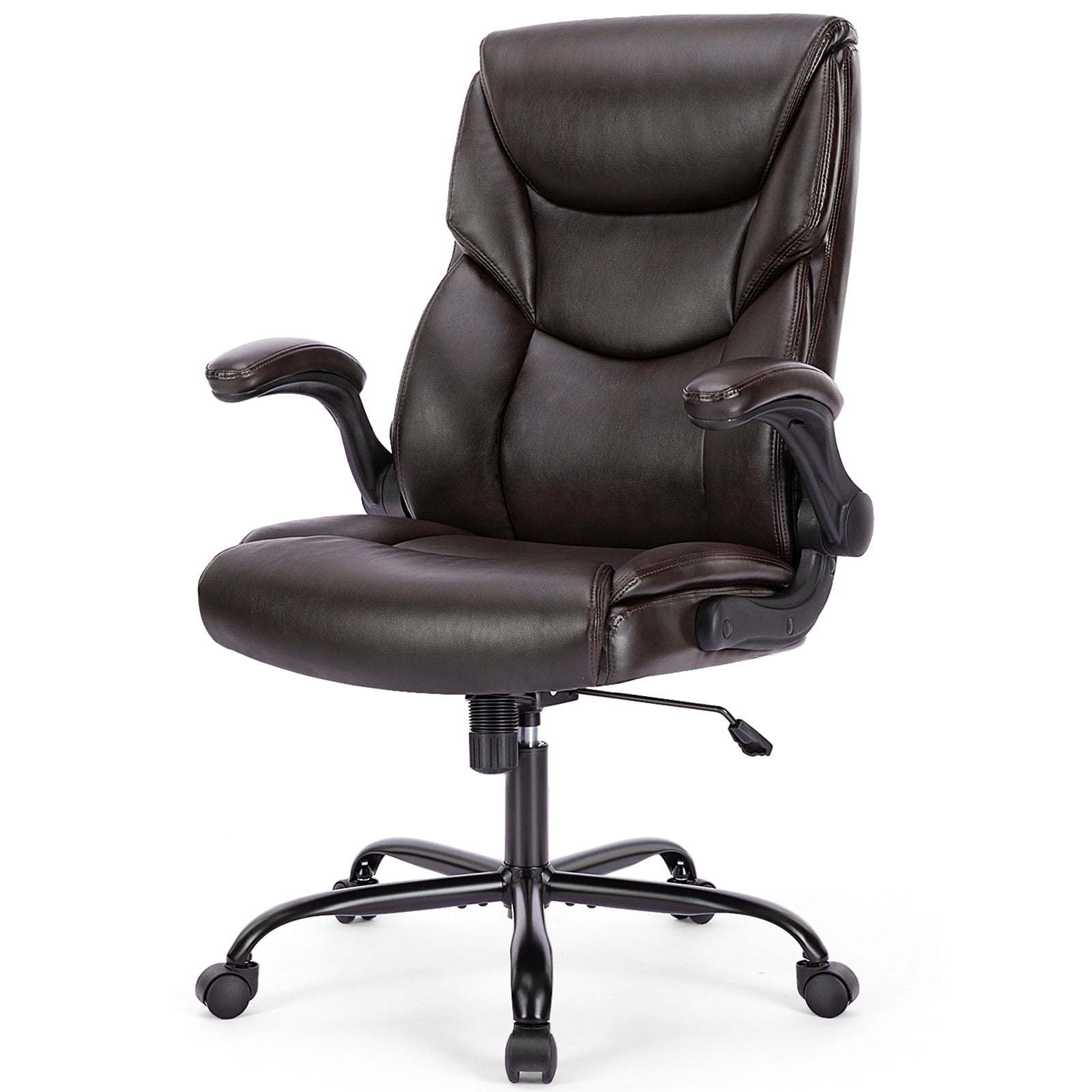 Casabay Leather Home Office Chair, Ergonomic Computer Desk Chair with Wheels and Flip-up Armrest, 300 LBS Weight Capacity, Brown