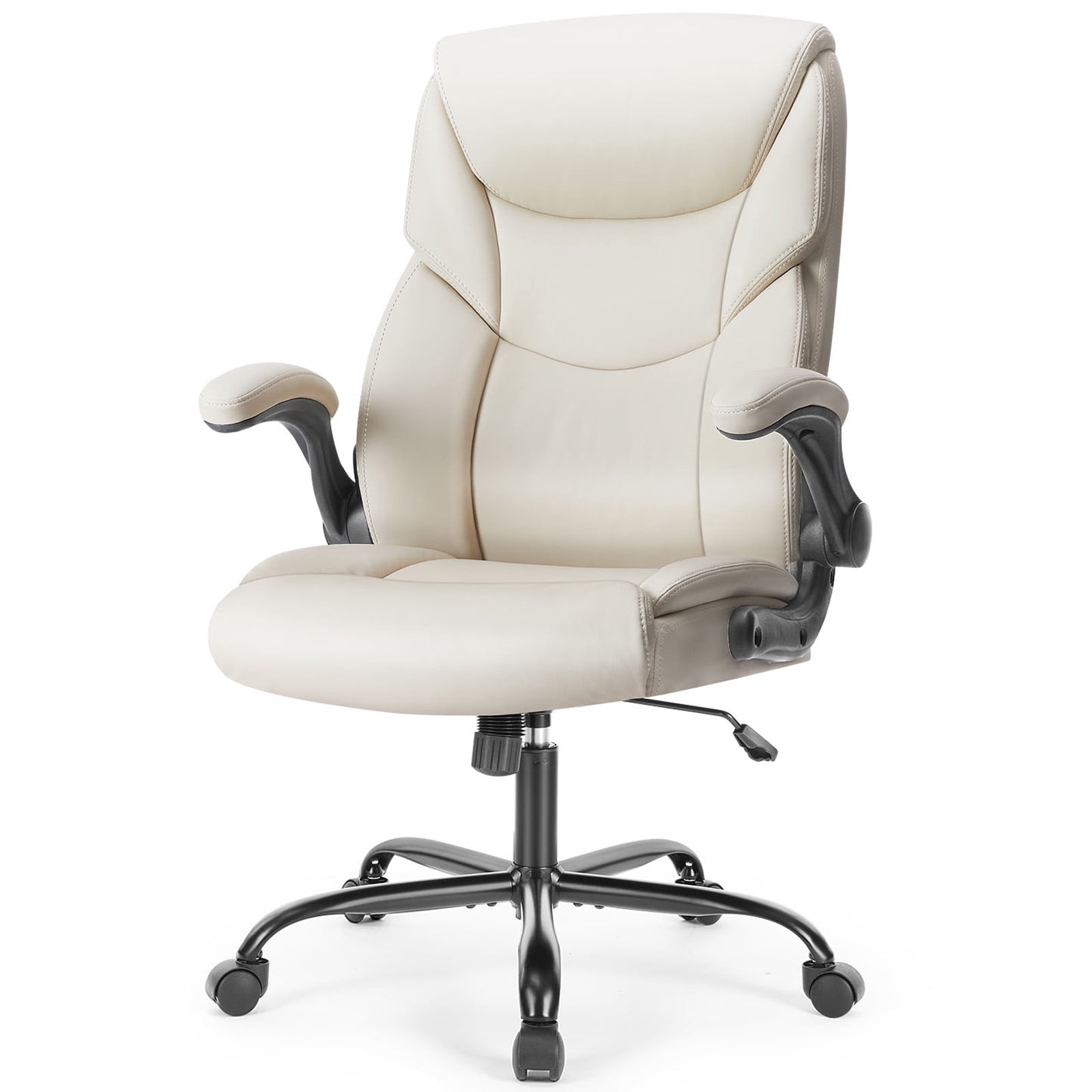 Casabay Leather Home Office Chair, Ergonomic Computer Desk Chair with Wheels and Flip-up Armrest, 300 LBS Weight Capacity, White