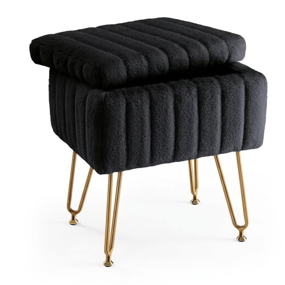 Casabay Vanity Stool Chair with Storage, Faux Fur Footstool Ottoman with Metal Legs & Anti-Slip Adjustable Feet for Bedroom, Dorm, Black