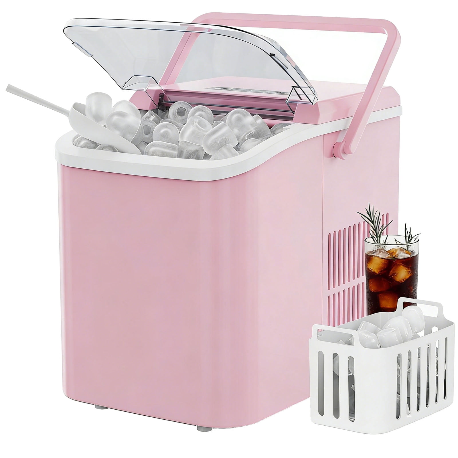 Casabay Portable Countertop Ice Maker with Handle, 6 Mins 9 Ice Cubes, Self-Cleaning, 24H High Output for Home, Parties & Camping, Pink