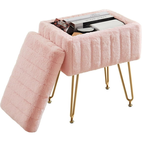 Casabay Vanity Stool Chair with Storage, Faux Fur Footstool Ottoman with Metal Legs & Anti-Slip Adjustable Feet for Bedroom, Entryway