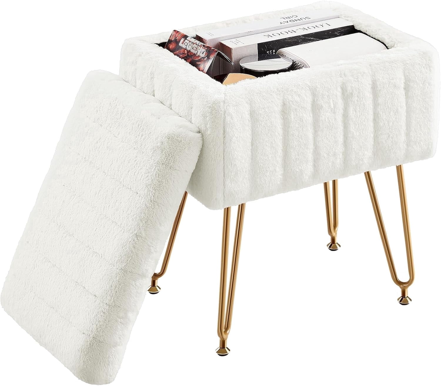 Casabay Vanity Stool Chair with Storage, Faux Fur Footstool Ottoman with Metal Legs & Anti-Slip Adjustable Feet for Bedroom, Entryway