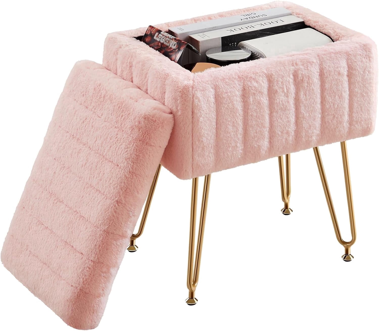 Casabay Vanity Stool Chair with Storage, Faux Fur Footstool Ottoman with Metal Legs & Anti-Slip Adjustable Feet for Bedroom, Entryway