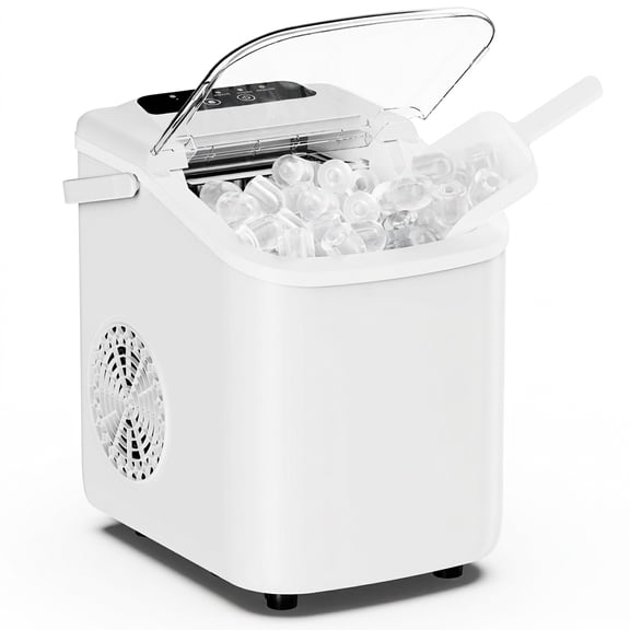 Casabay White Countertop Ice Maker, Portable Ice Machine with Handle, Basket & Scoop, 26 lbs/24H, 9 Bullet Cubes in 6-8 Mins, Auto-Cleaning for Home Kitchen Office RV Camping