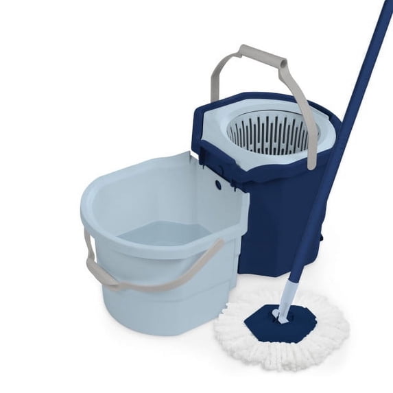 Casabella Easy Wring Rinse Spin Mop with Handle Wringer, 100% Microfiber, 2-Bucket System, Blue/White