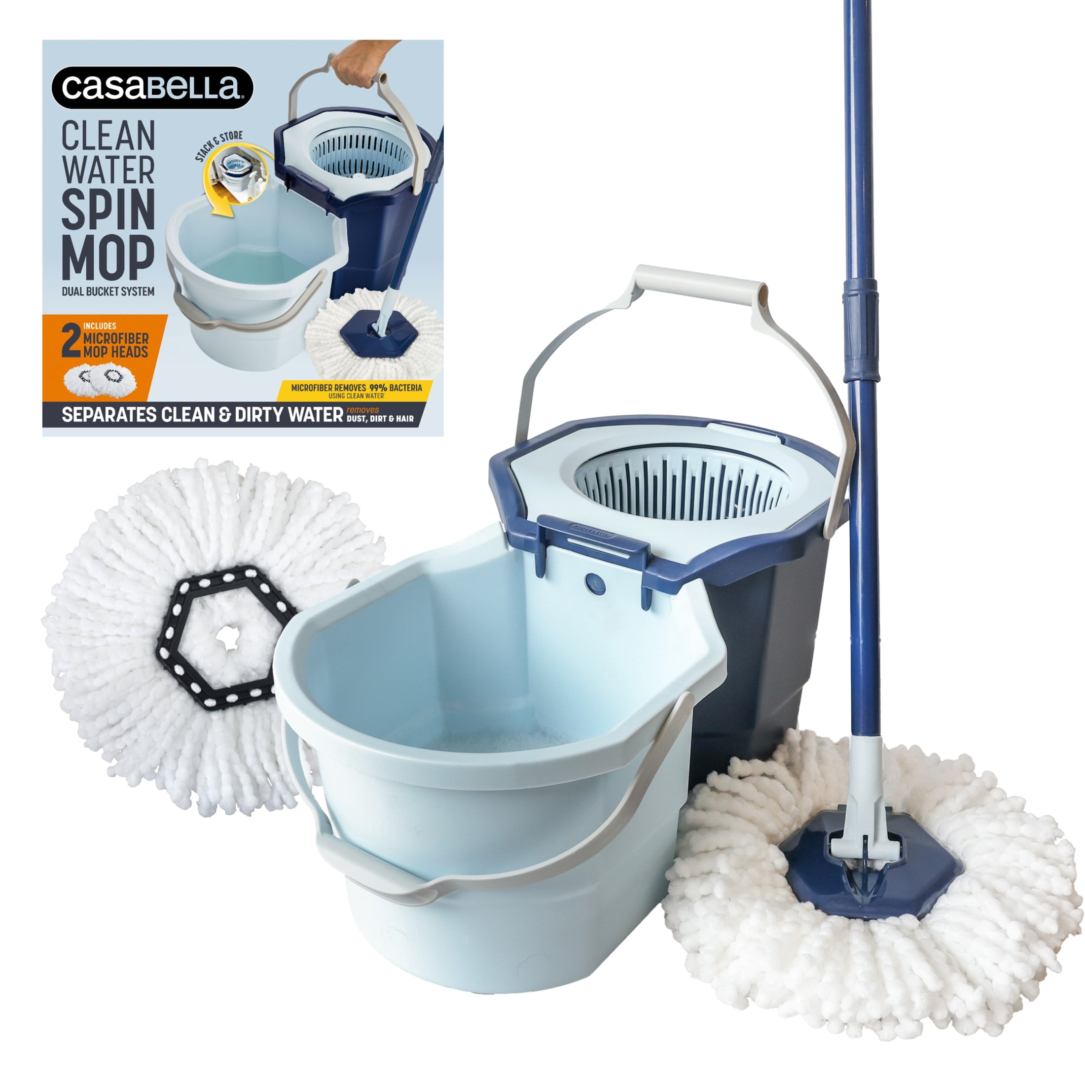 Casabella Dual-Bucket Blue and White Spin Mop System with Extra Refill