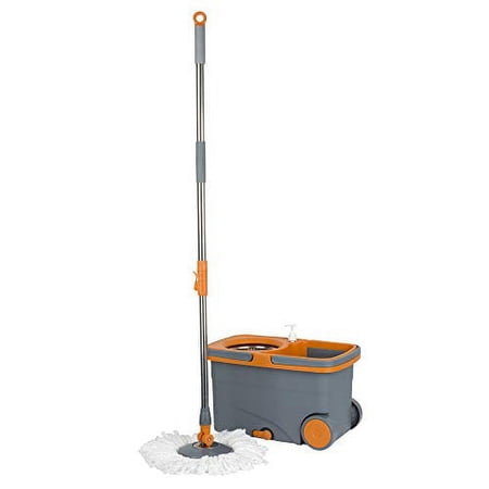 Casabella Microfiber Spin Mop and Bucket System with Replacement Head Refill, Graphite/Orange