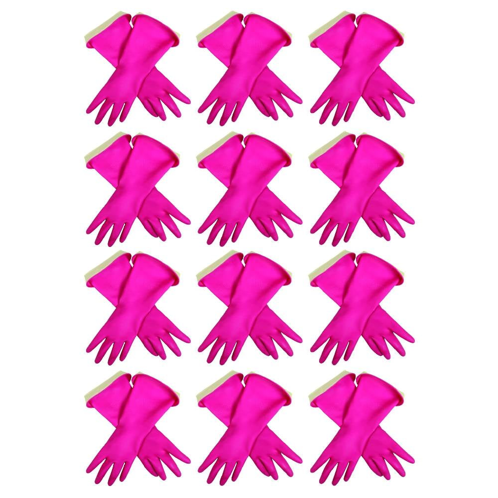 Casabella Waterblock Gloves Rubber Latex Cotton Flock Lining Turnback Cuff Medium Pink, 12-Pack