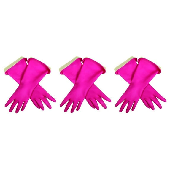 Casabella Waterblock Gloves Rubber Latex Cotton Flock Lining Turnback Cuff Premium Medium Pink, 3-Pack