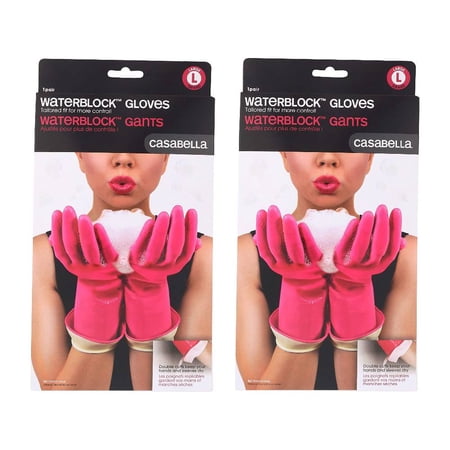 Casabella Waterblock Rubber Latex Gloves Turnback Cuff Cotton Lining Pink Large, 2-Pack