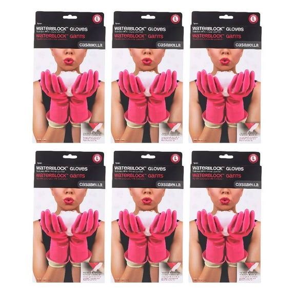 Casabella Waterblock Rubber Latex Gloves Turnback Cuff Cotton Lining Pink Large, 6-Pack