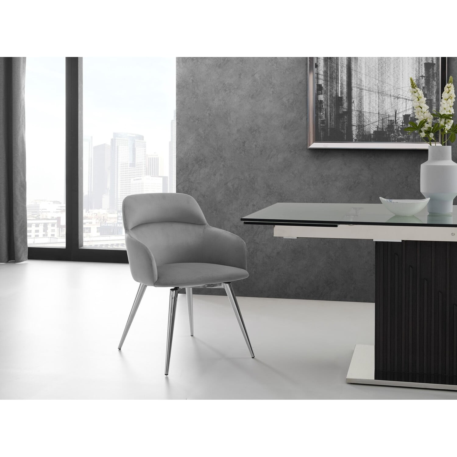 Luxurious Gray Velvet Upholstered Swivel Arm Chair with Metal Base
