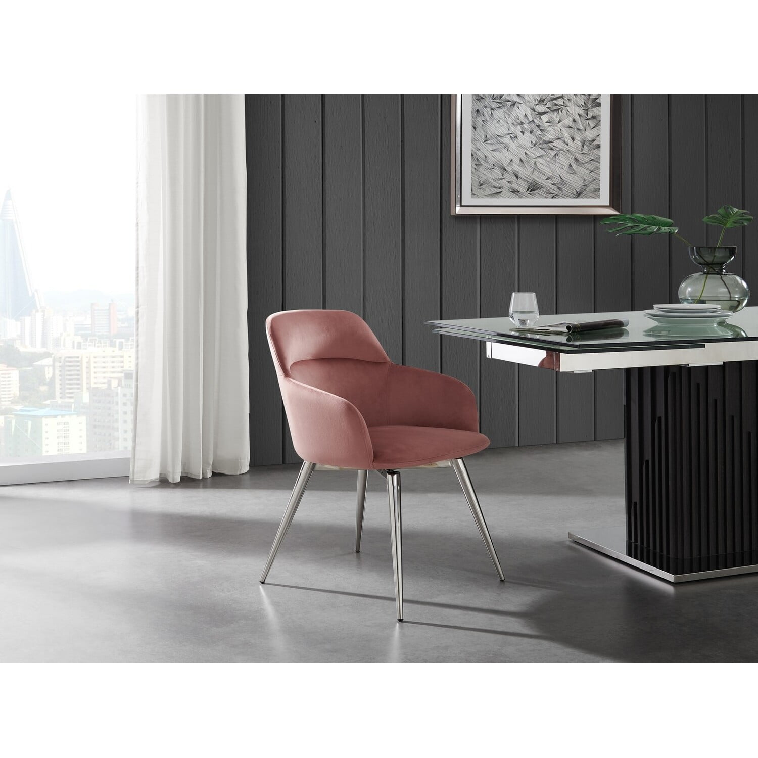 Plush Dusty Pink Velvet Swivel Arm Chair with Stainless Steel Base