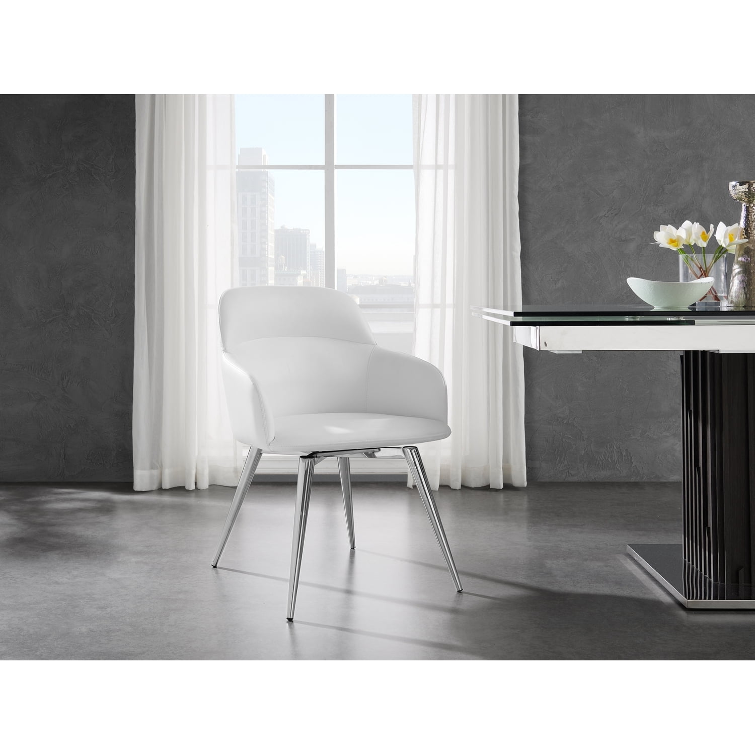 Sleek White Faux Leather Swivel Arm Chair with Metal Base