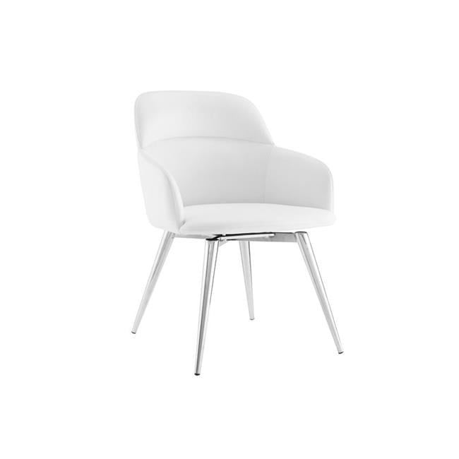Sleek White Faux Leather Swivel Arm Chair with Metal Base