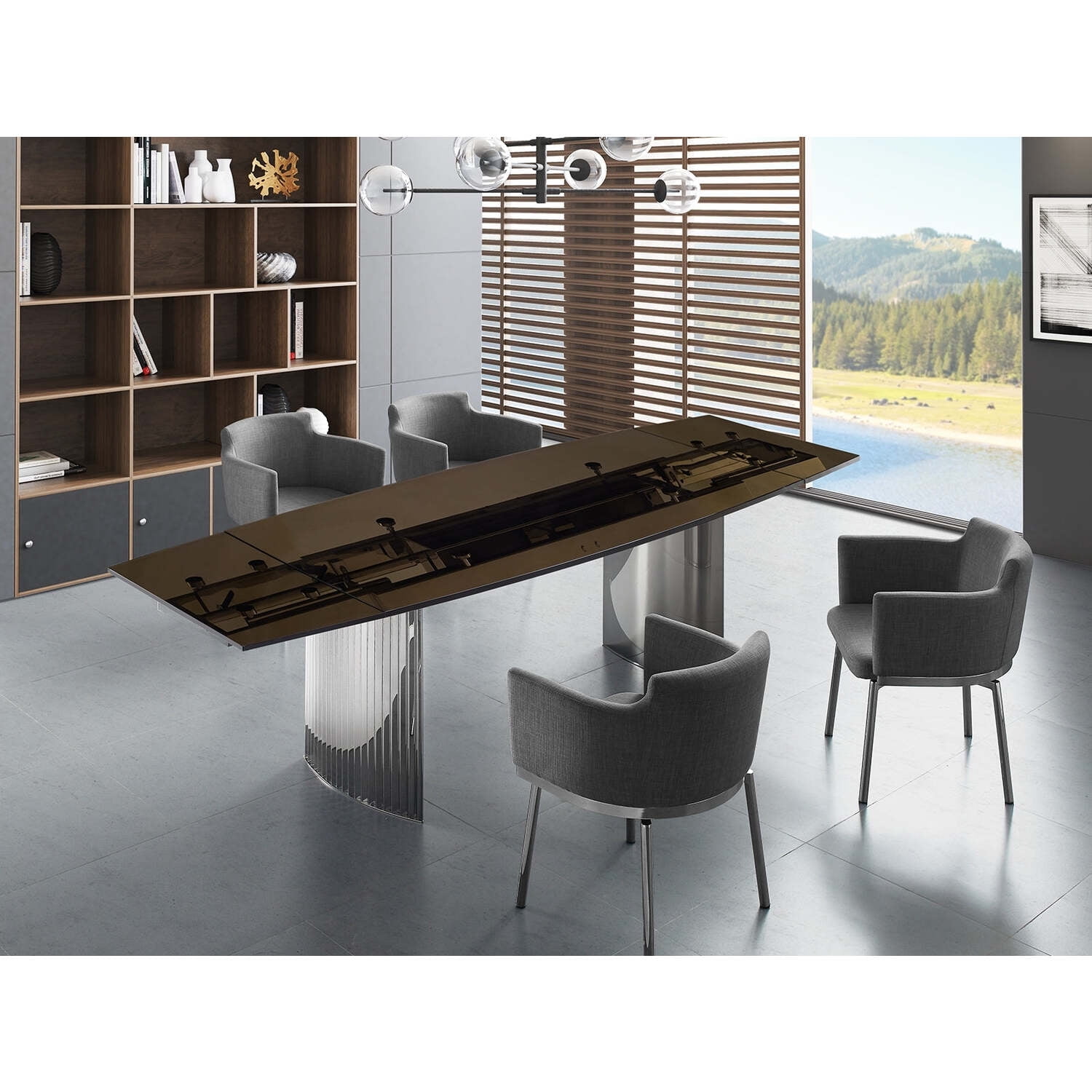 Casabianca Home Allegra manual dining table with stainless steel base and smoked top.