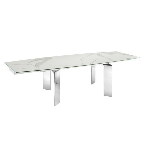 Casabianca Home Astor manual dining table with stainless base and white marbled porcelain top.