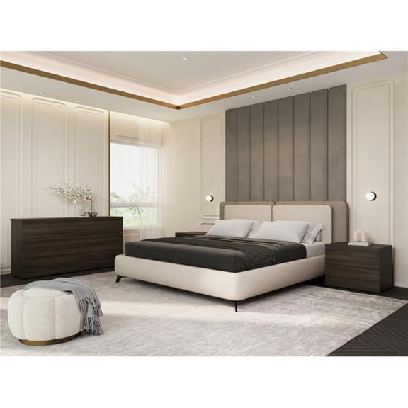 Casabianca Home Ayla Storage Bed Set in Pu Leather & Dark Oak Case Goods, Taupe - King Size - Set of 4