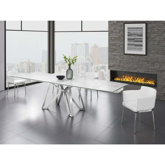 Casabianca Home Dcota manual dining table with brushed stainless steel base and white marbled porcelain top.