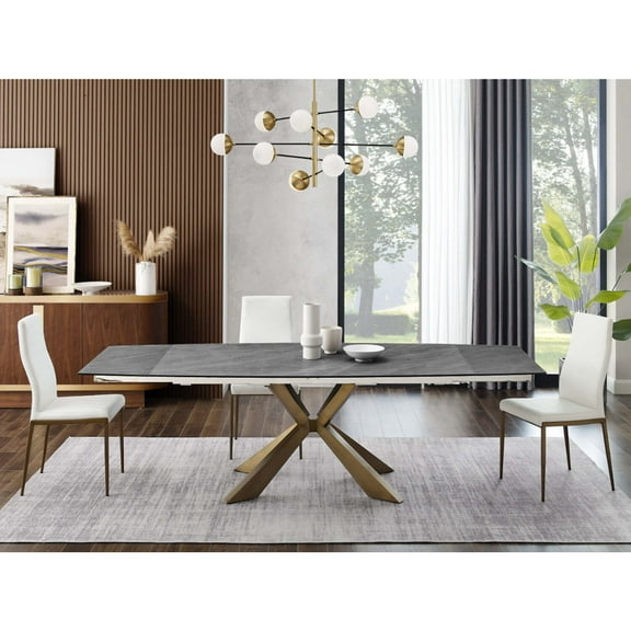 Casabianca Home Icon manual dining table with brushed bronze base and gray marbled porcelain top.