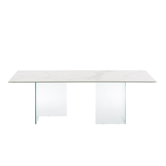 Casabianca Home Miami Dining Table With Clear Base And White Marbled Porcelain Top