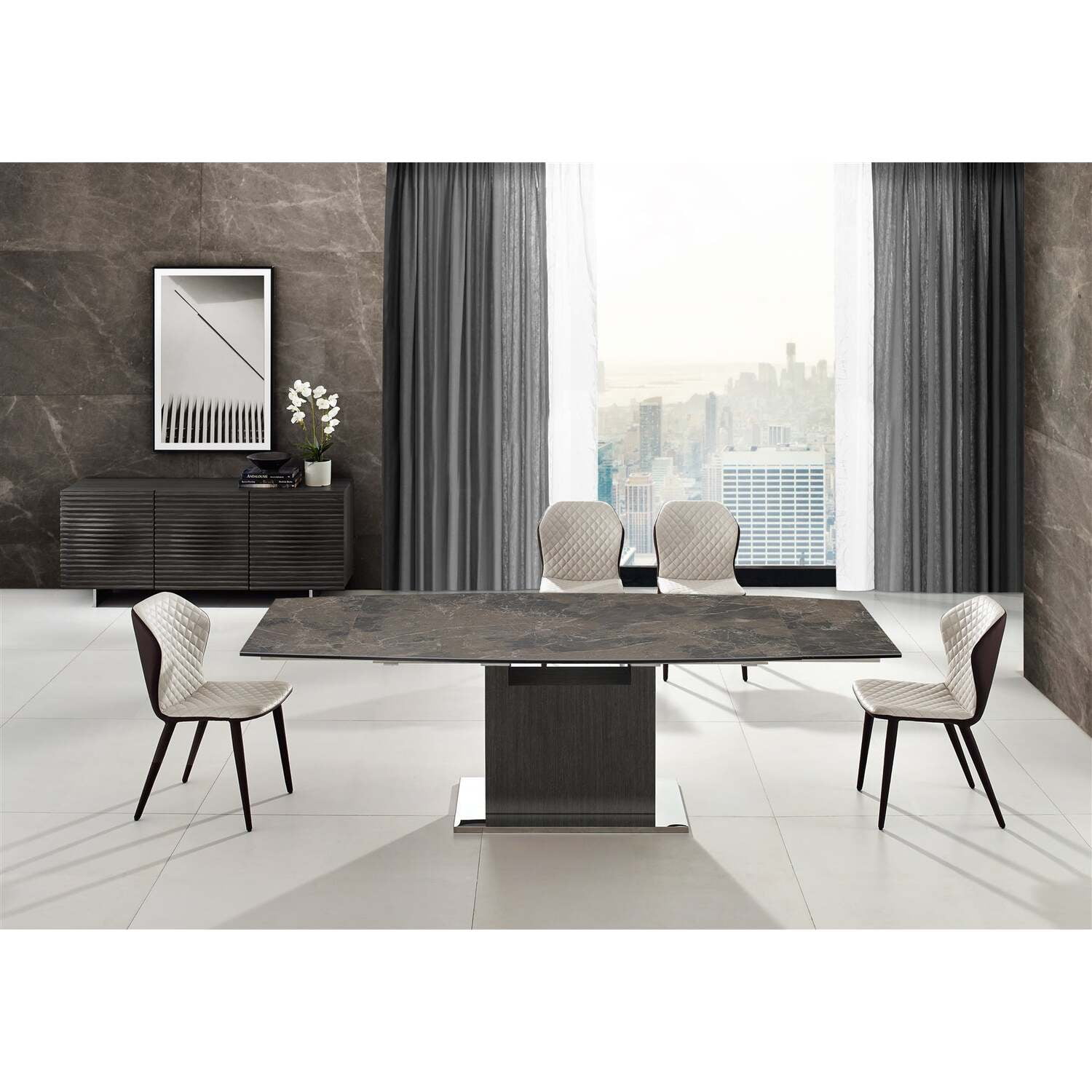 Transitional Extendable Dining Table in Gray Oak and Brown Marble