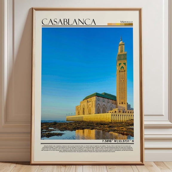 Casablanca Morocco Art | Hassan Ii Mosque Poster | Casablanca Print | Morocco Coastal City Decor | North Africa Travel- Wall Art Print, 12x18 UNFRAMED