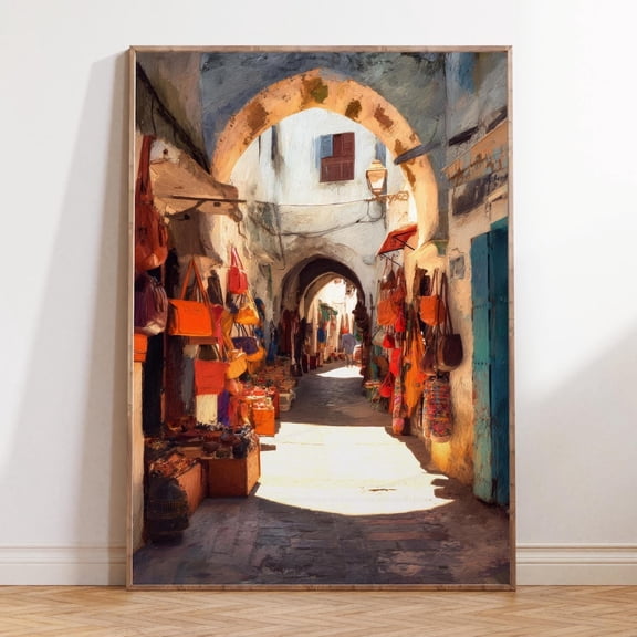 Casablanca Morocco Medina Sunlit Street Travel Wall Art, Stretched Canvas Size 8x12