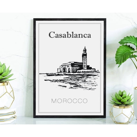 Casablanca Morocco Travel Wall Art Print With Hand Drawn Cityscape Landmark Map