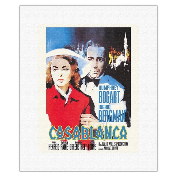 Casablanca - Starring Humphrey Bogart and Ingrid Bergman - Vintage Film Movie Poster by Silvano "Nano" Campeggi c.1942 - Fine Art Rolled Canvas Print 11in x 14in