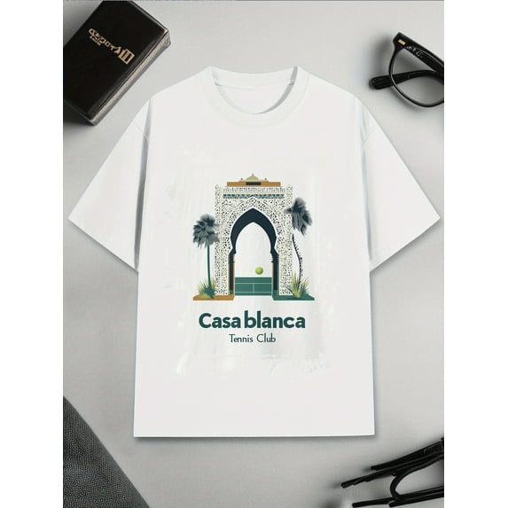 Casablanca Tennis Club Men's Cotton T-Shirt Vintage Graphic Printed 100% Cotton Tee 220g Crew Neck