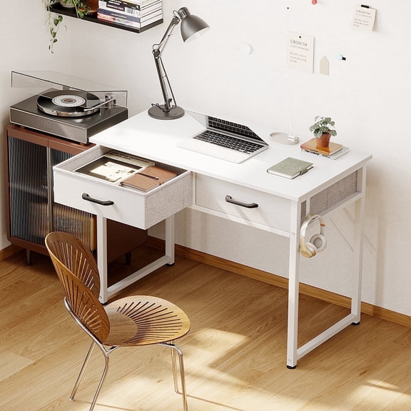 Casacomoda 32 Inch Writing Desk with 2 Fabric Drawers, Modern Study Table with Storage, Small Computer Desk for Small Space, Home Office Desk, Pure White