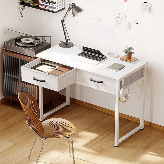 Casacomoda 32 Inch Writing Desk with 2 Fabric Drawers, Modern Study Table with Storage, Small Computer Desk for Small Space, Home Office Desk, Pure White