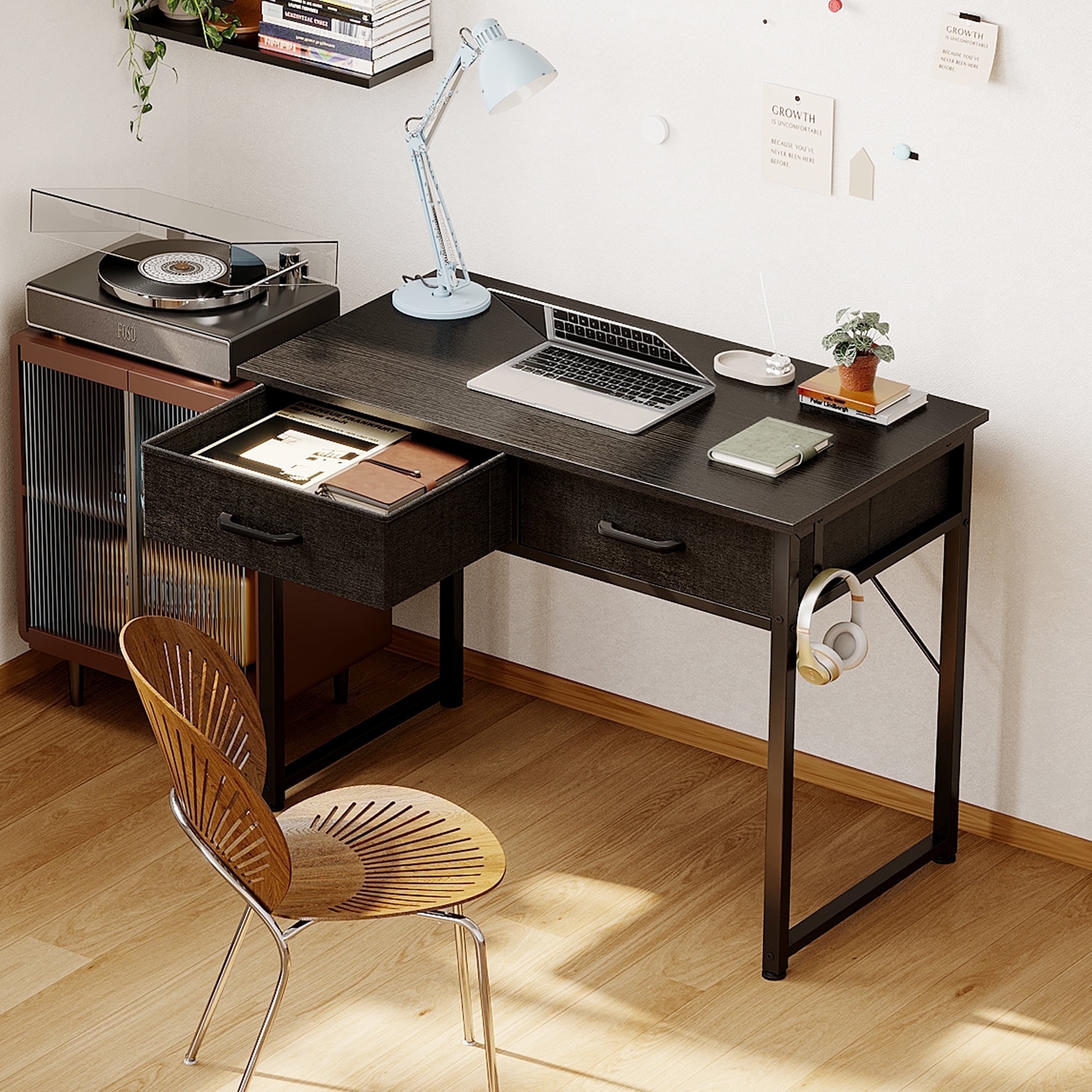 Casacomoda 32 Inch Writing Desk with Fabric Drawers, Modern Study Table with Storage for Student/Kids, Small Computer Desk for Small Space, Home Office Desk, Black