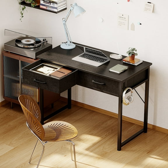 Casacomoda 32 Inch Writing Desk with Fabric Drawers, Modern Study Table with Storage for Student/Kids, Small Computer Desk for Small Space, Home Office Desk, Black
