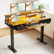 Casacomoda 47 inch Electric Standing Desk with Drawers & Keyboard Tray, Height Adjustable Gaming Desk with Power Outlets & LED Lights, Sit Stand Table with Monitor Stand for Home, Office, Vintage
