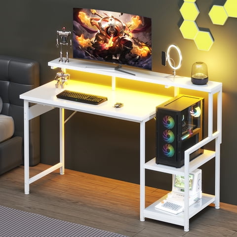 Casacomoda 48 Inch Computer Desk with Monitor Stand & LED Lights, Home Office Desk with Adjustable Storage Shelf & CPU Stand, White