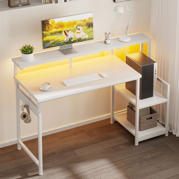 Casacomoda 48 Inch Computer Desk with Monitor Stand & LED Lights, Home Office Desk with Adjustable Storage Shelf & CPU Stand, White