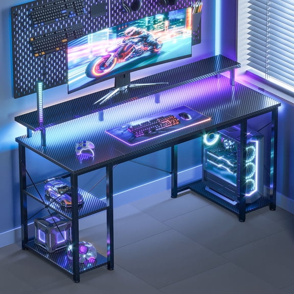 Casacomoda 48 inch Gaming Desk with LED Lights & Power Outlets, Computer Desk with Monitor Stand & Storage Sheves, CPU Stand, Home Office Desk, Black